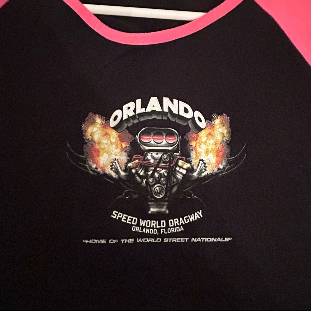 Anvil Black & Pink Short Sleeve T-Shirt featuring Orlando Speed World Dragway.